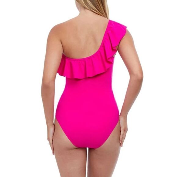 1791 Profile by Gottex Tutti Frutti Ruffle One Shoulder Swimsuit RASPBERRY sz 6 - Picture 2 of 2